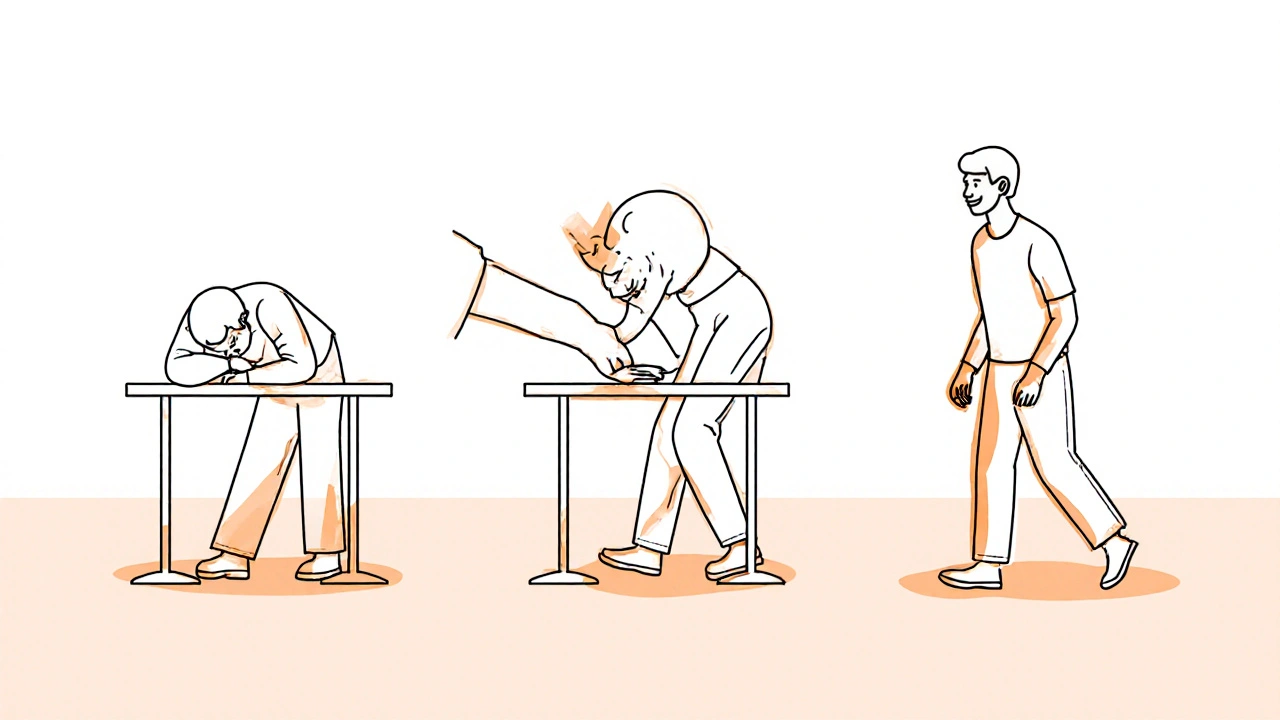 Postupné zlepšení: bolest → léčba → volnost pohybu.