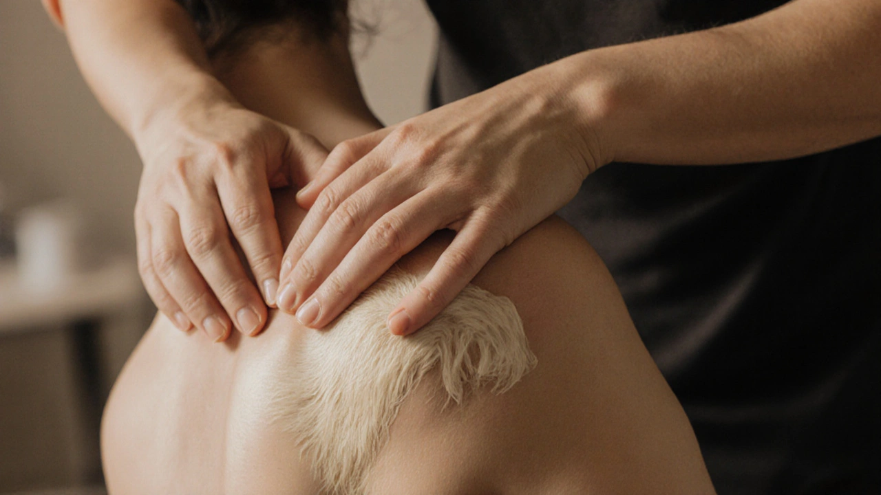 Terapeut aplikuje myofasciální uvolňování na rameno pacienta.