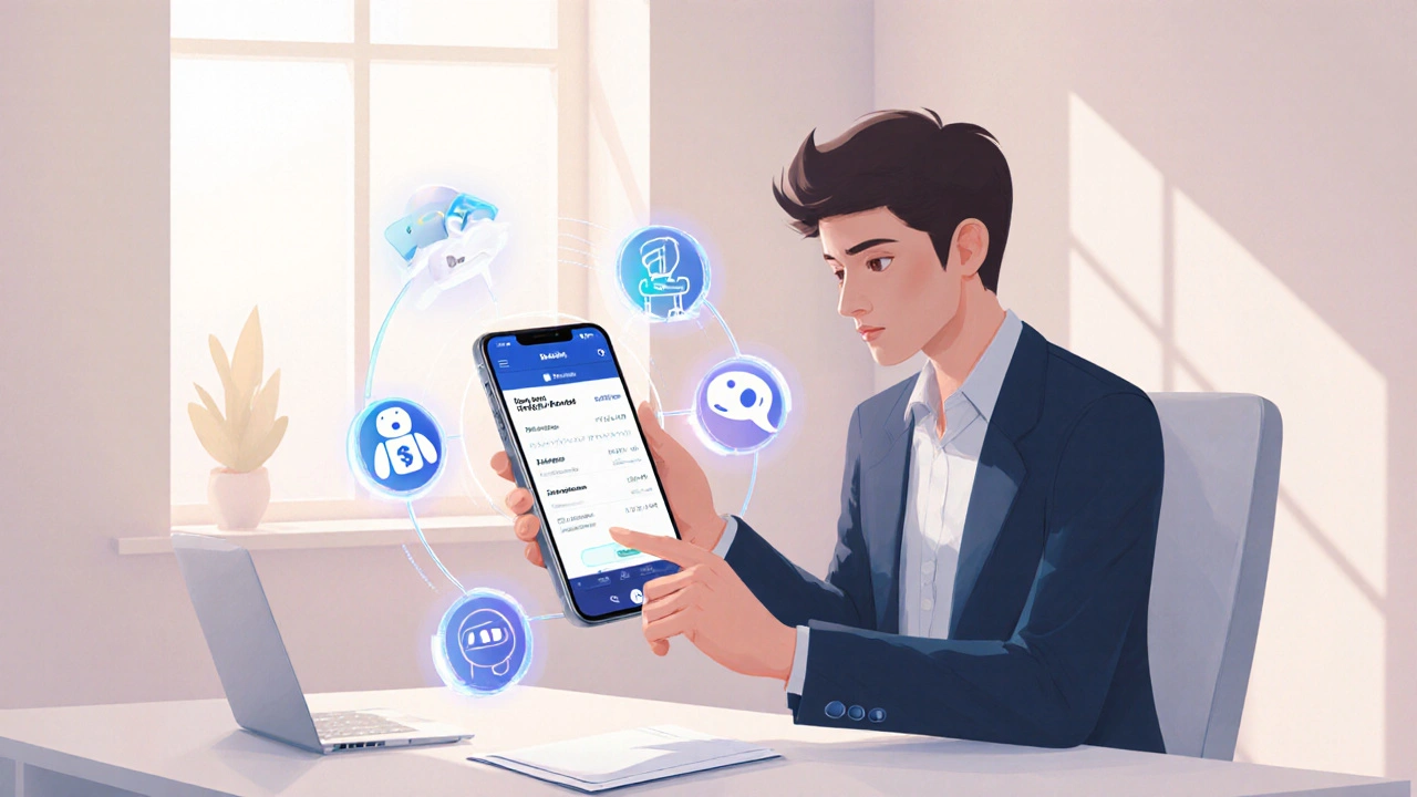 Mladý profesionál používá smartphone s aplikací pro bankovnictví a digitálními ikonami.