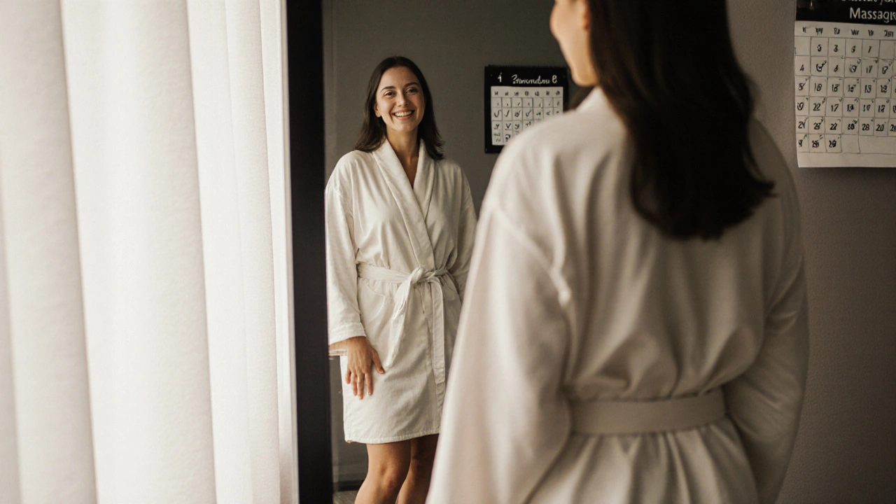 Žena se dívá do zrcadla s uspokojeným výrazem, její kůže vypadá hladší po 8 týdnech masáže.