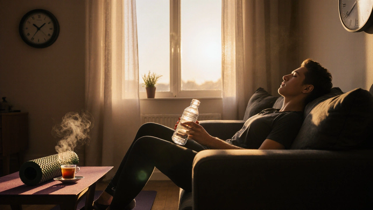 Atlet po masáži odpočívá doma, pije vodu a obnovuje se v klidném prostředí.