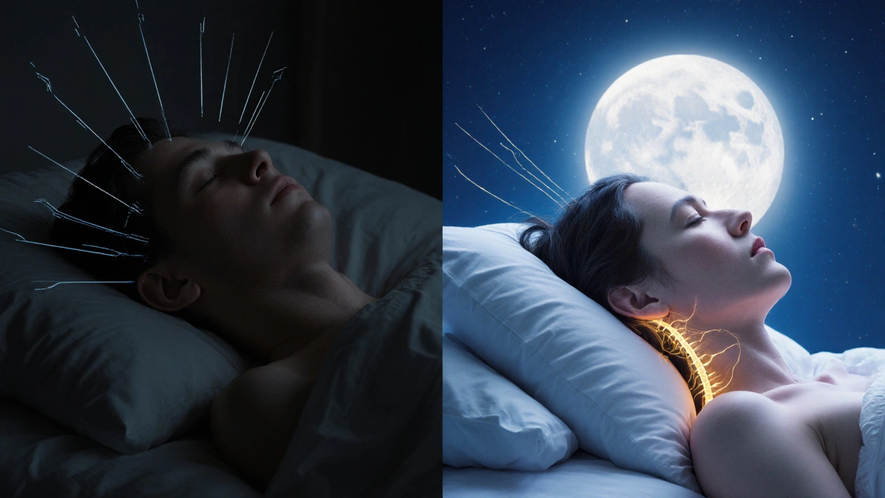 Dvě scény: napjatý spánek vlevo a hluboký odpočinek vpravo s energetickými linkami.