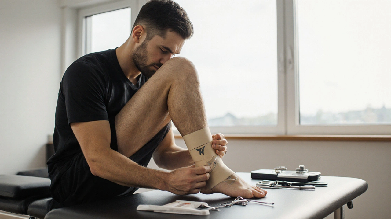 Fyzikální terapeut aplikuje tejp na otok kotníku fotbalisty.