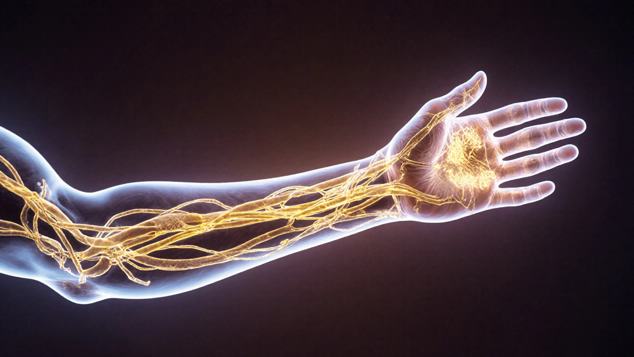 Glowing lymfatické cévy s proudem tekutiny, který překonává blokády v končetině.