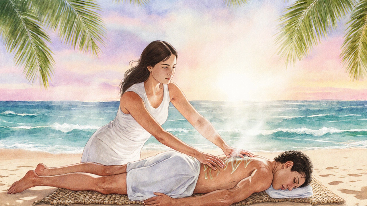 Havajský masér masíruje tělo na pláži pomocí plynulých pohybů jako vlny.