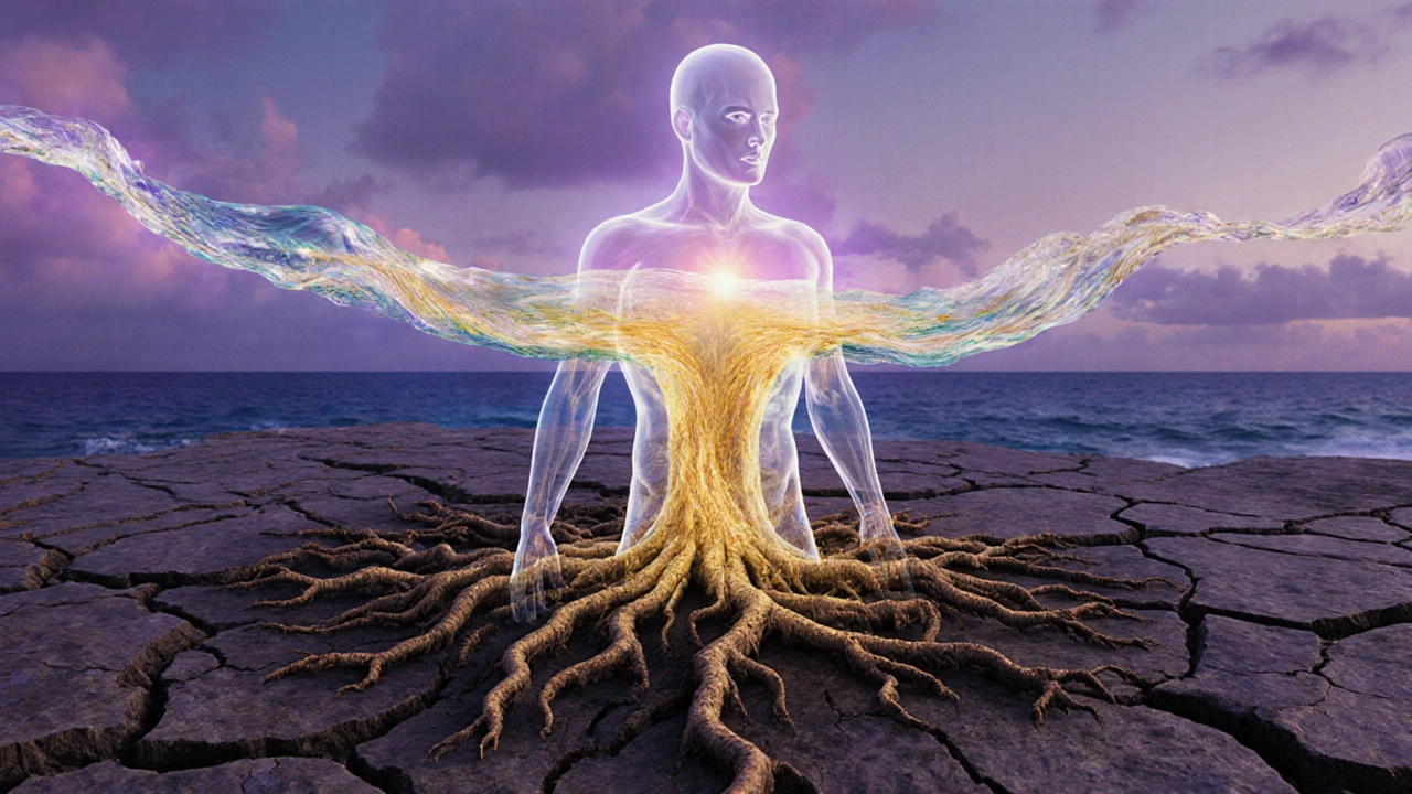 Koncepční obraz těla jako krajiny, kde energie uvolňuje napětí v ramenách a zádech.