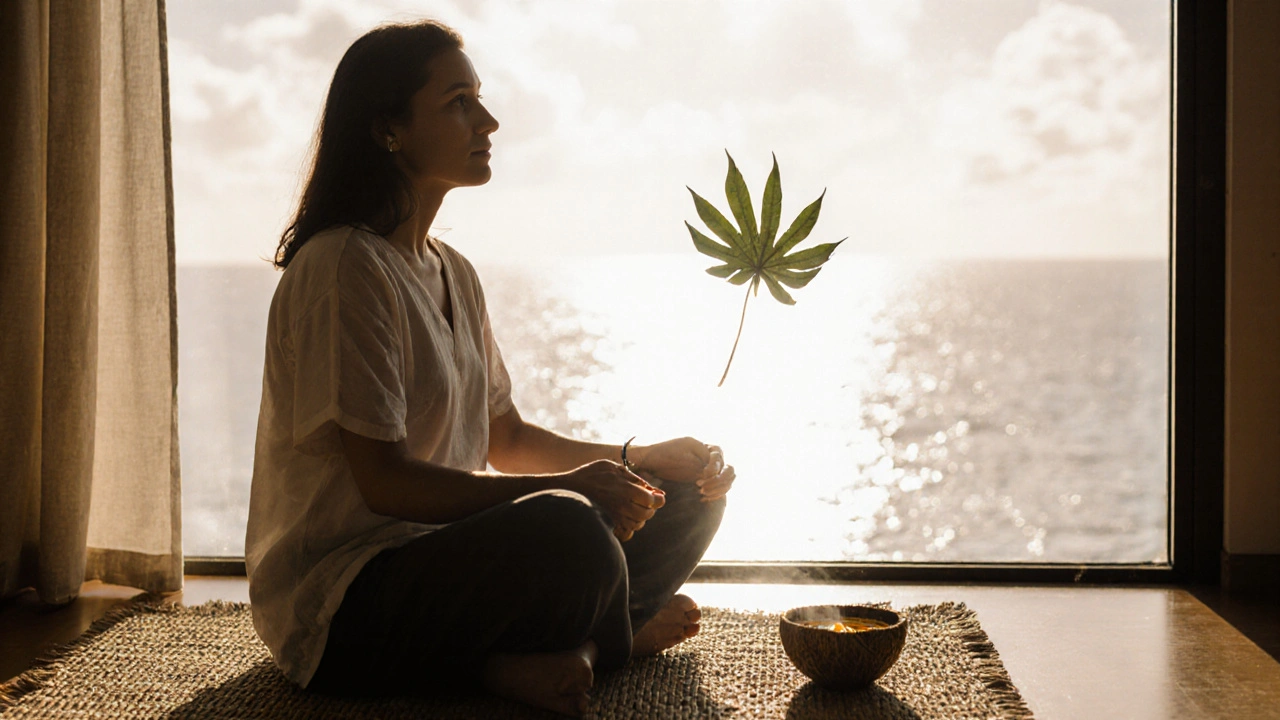 Osoba po seanci Lomi Lomi sedí v klidu na matě, oči zavřené, v klidném slunečním světle.