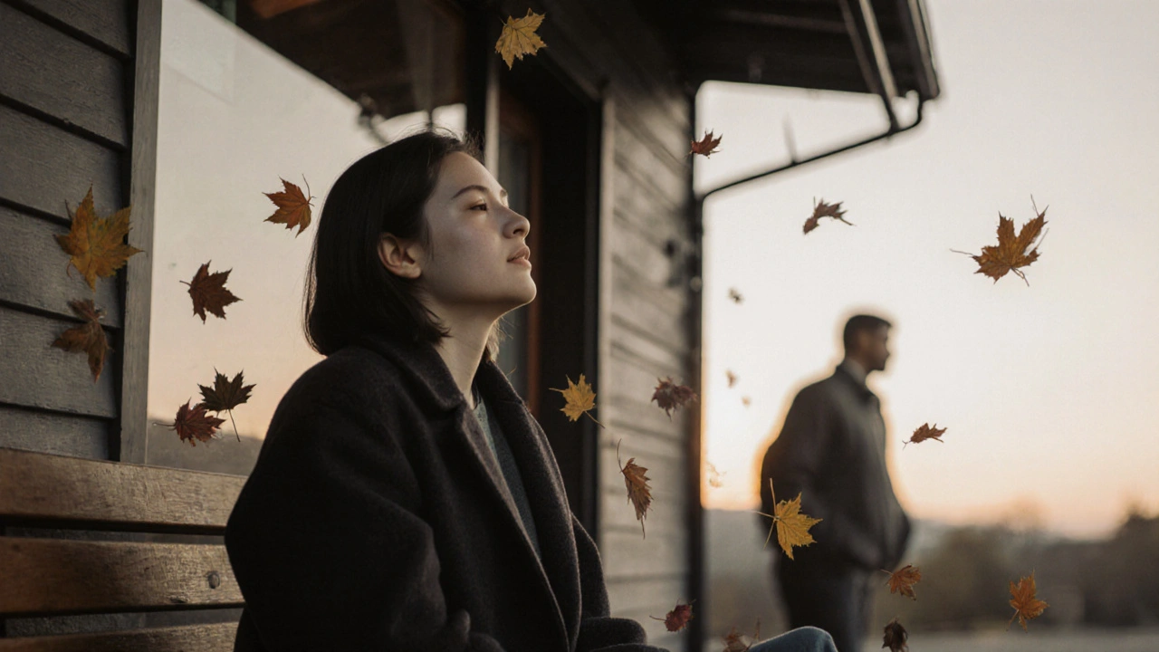 Osoba sedí venku po masáži, oči zavřené, klidně dýchá, listy se vznášejí kolem ní.