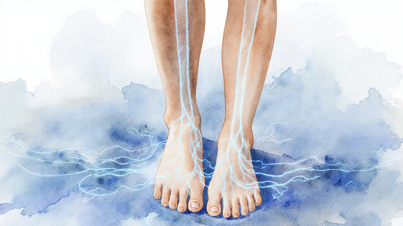 Představa průtoku tekutin nahoru nohou během Breussovy masáže, znázorněná jemnými světlými čarami.