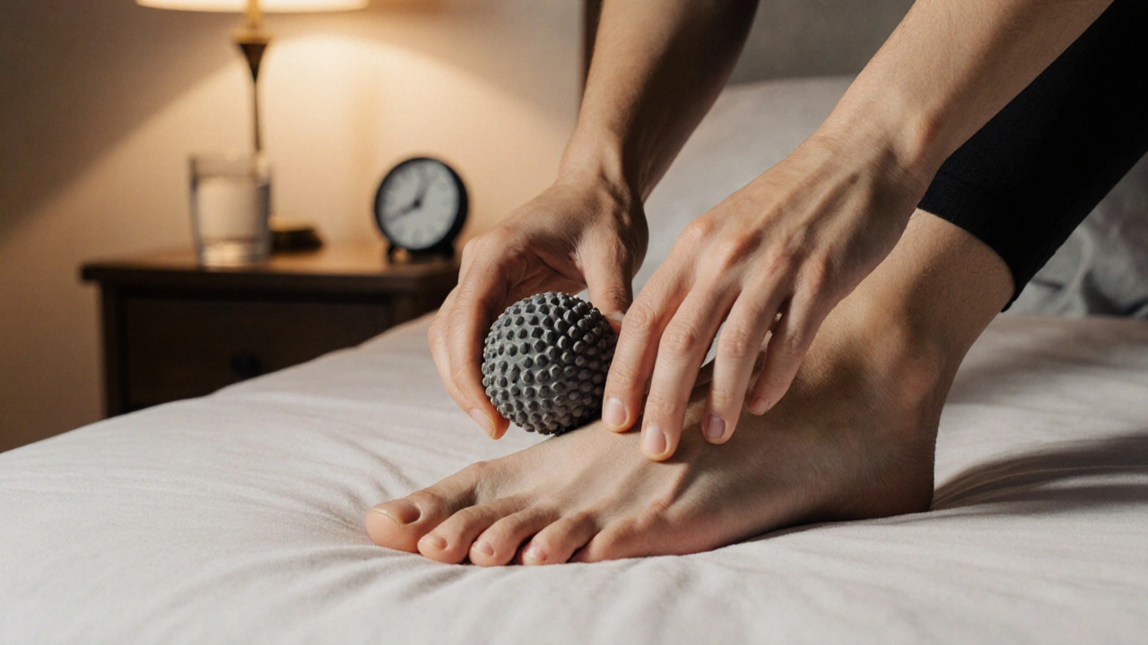 Ruce používají masážní kouli k uvolnění plochy chodidla před spaním.