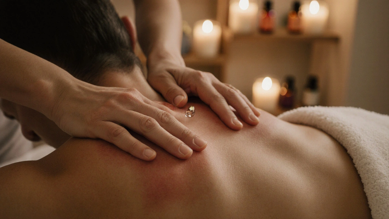 Ruce provádějí jemné, plynulé pohyby na krku a rameni během relaxační masáže.