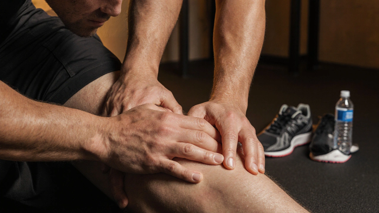 Terapeut provádí hlubokou masáž stehna atletovi, který je v klidu a relaxaci.