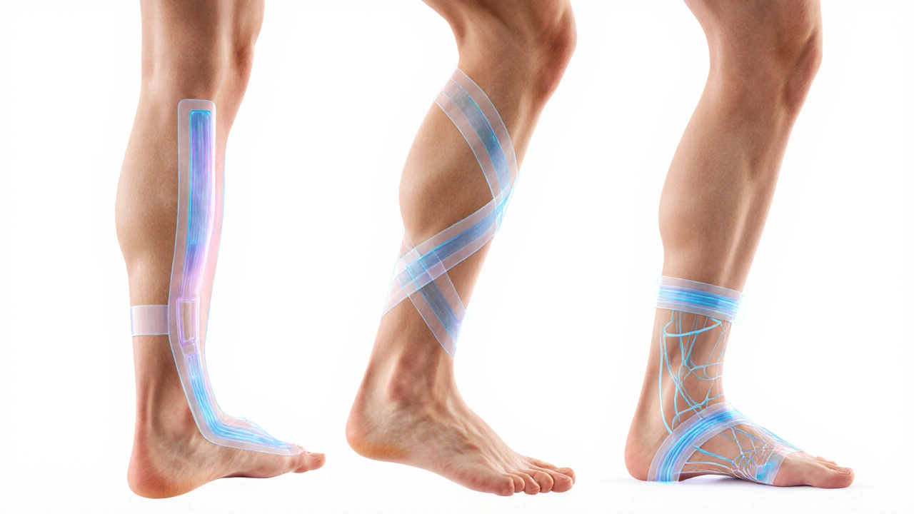 Transparentní přehled tří typů aplikací kinesiologického tejpování na nohu.