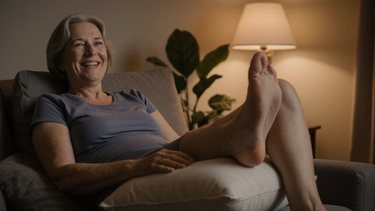 Žena po večerní Breussové masáži, noha položená na polštáři, klidná atmosféra domova.