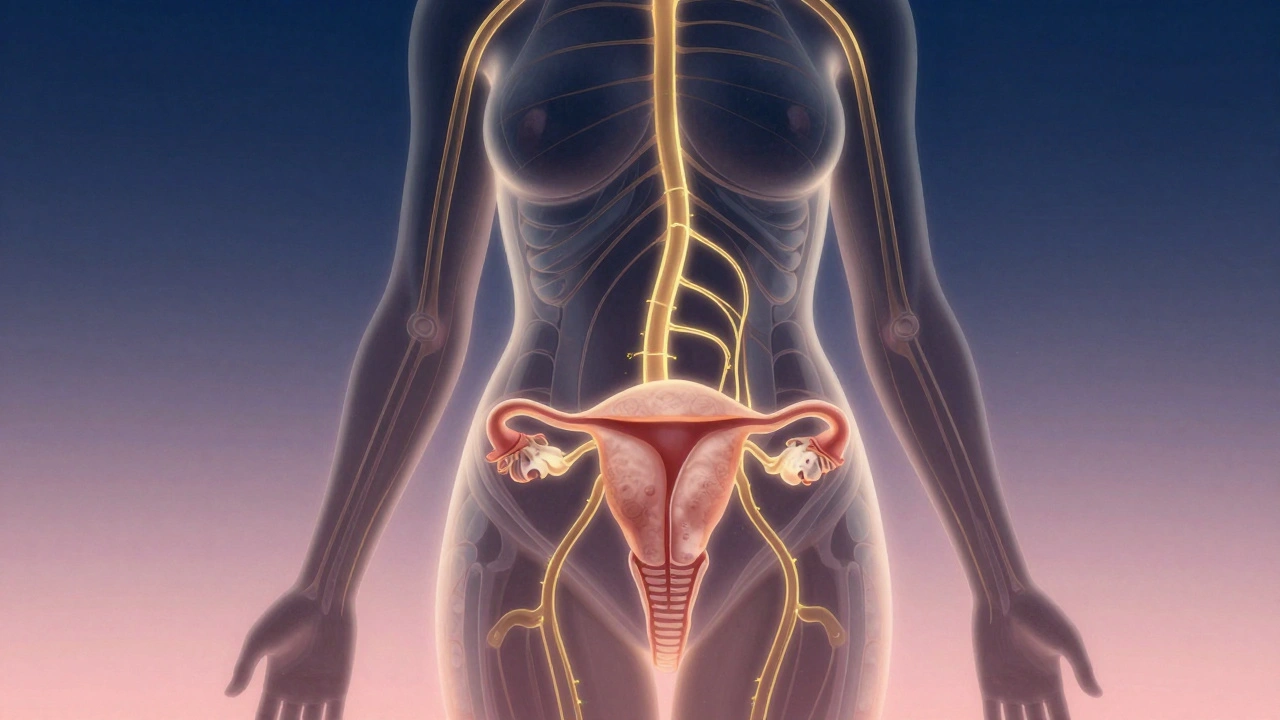 Abstraktní znázornění zlepšeného krevního oběhu po porodní masáži.