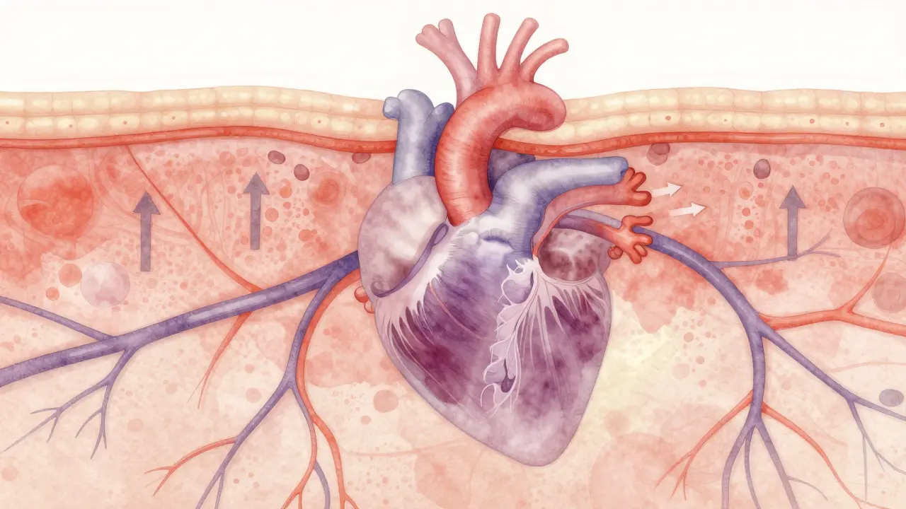 Abstraktní znázornění zlepšeného oběhu pod kůží s orientovanými proudy tekutin.