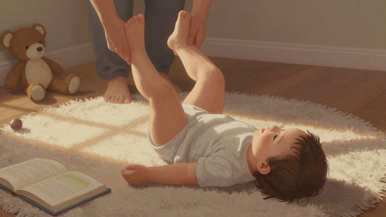 Batolat leží na zádech, rodič jemně pohybuje jeho nohama jako křídla motýla, dítě se usmívá v klidném prostředí.