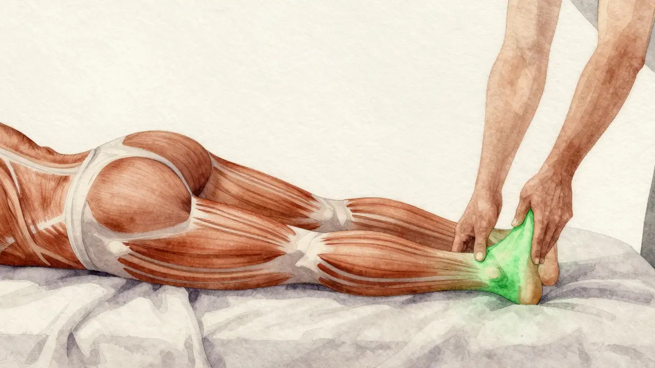 Koncepční obrázek těla s vizuálními čarami ukazujícími uvolnění napětí v oblasti kyčle a stehna.