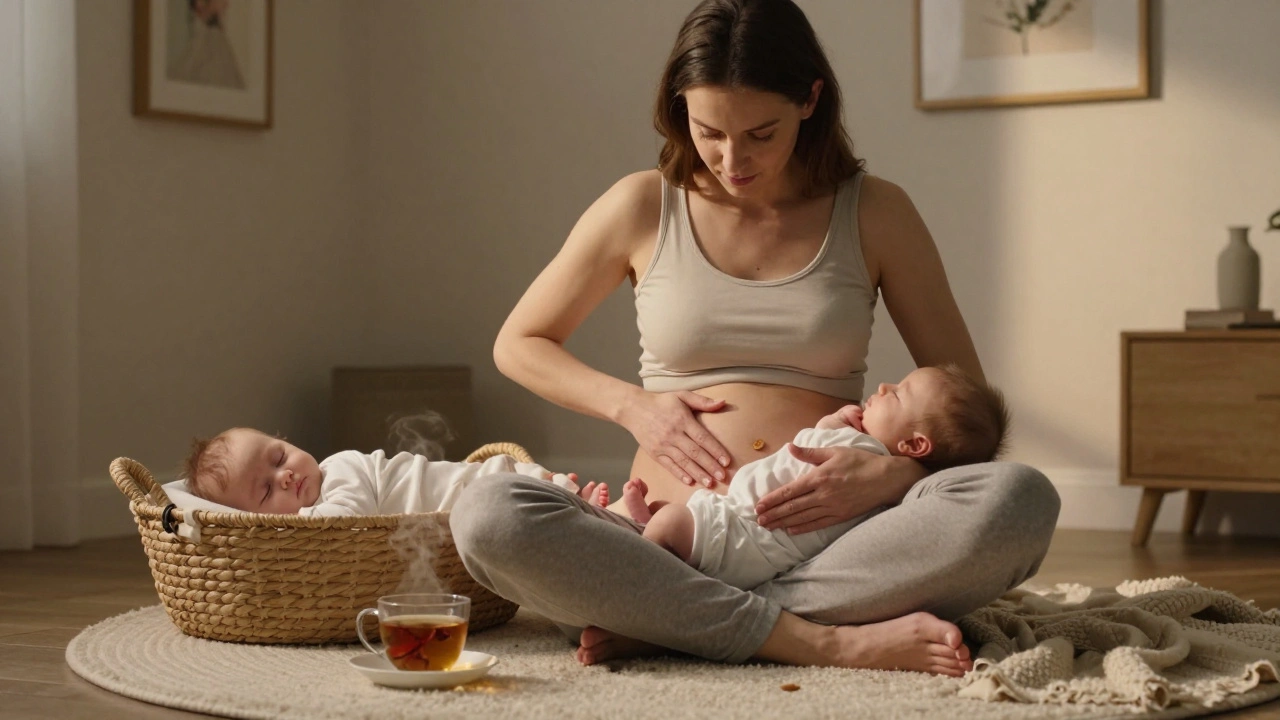 Matka jemně masíruje břicho doma, zatímco její dítě spí vedle.