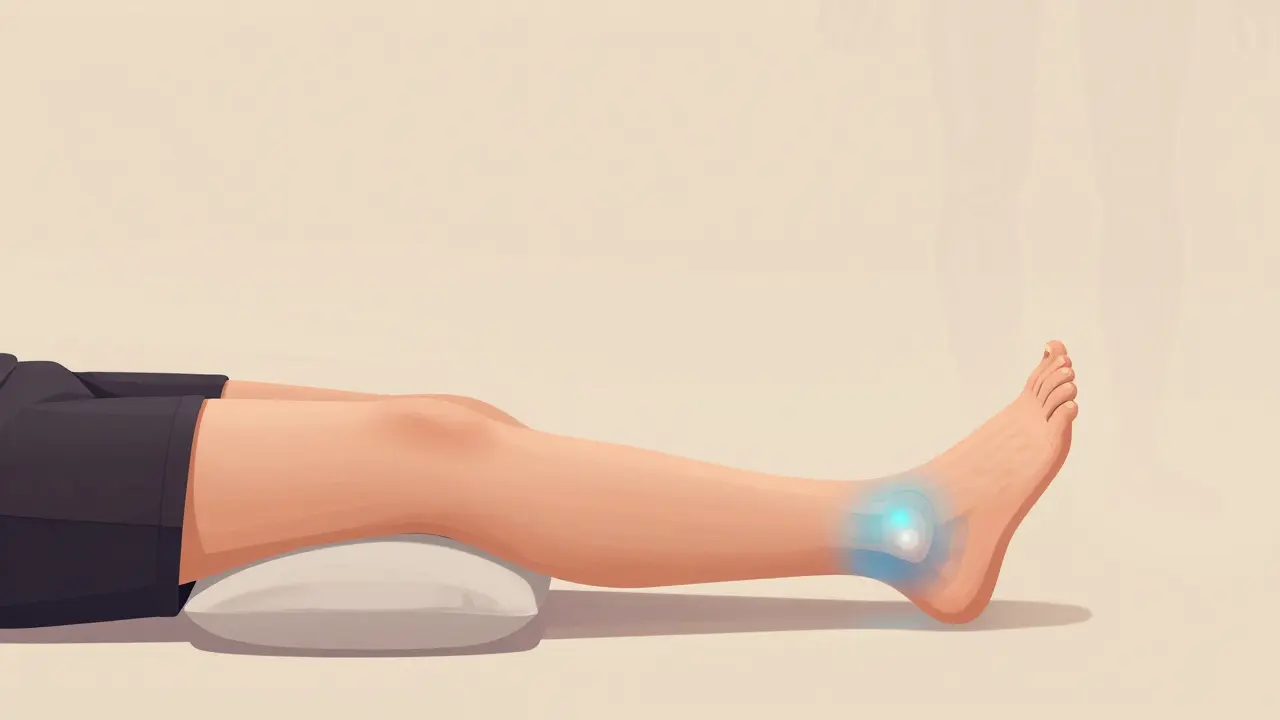 Osoba leží na zádech s polštářem pod koleny, což odlehčuje tlak na patu.