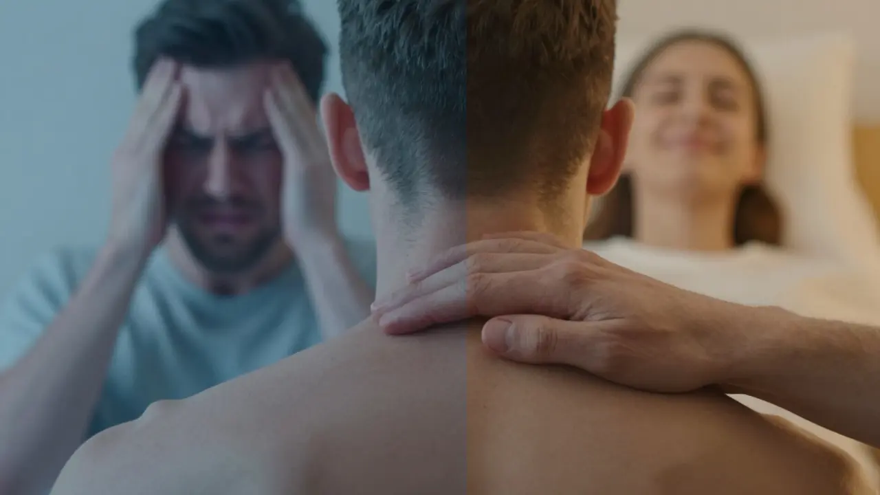 Přechod od bolesti k úlevě při masáži krku, znázorněný dvěma scénami.