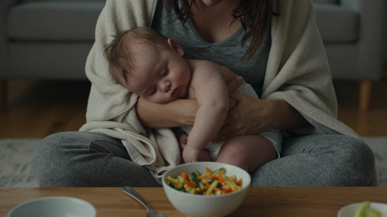 Rodič drží usínající dítě na prsou po masáži, oba jsou v plátně, na pozadí je místo pro jídlo.