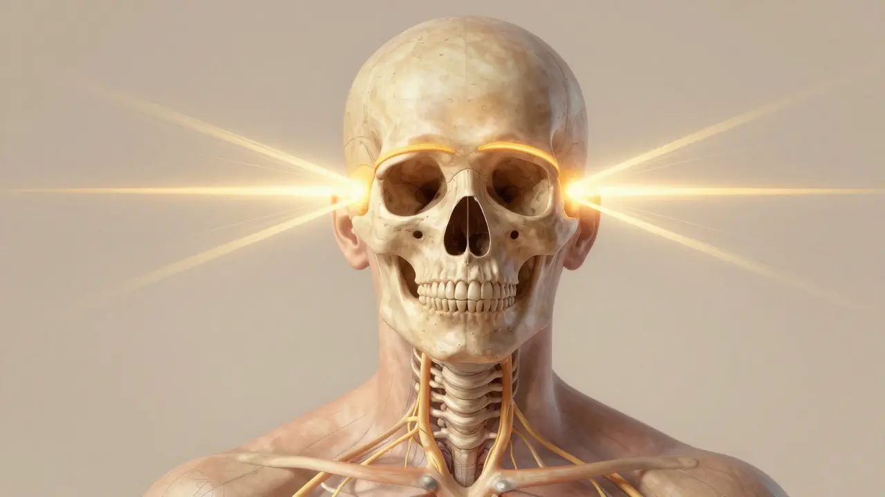 Tři klíčové body na hlavě a krku s vyzařujícími světelnými vlnami.