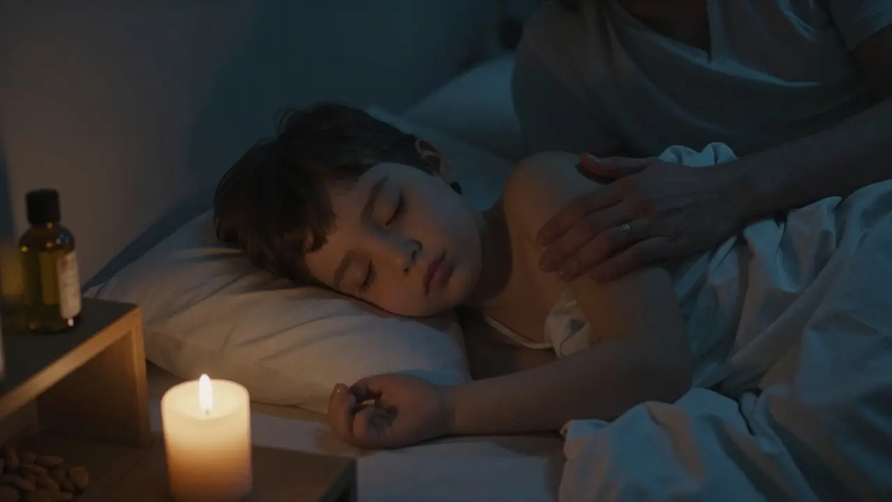 Dítě spí po masáži, rodič má ruku na prsou, v pozadí svíčka.