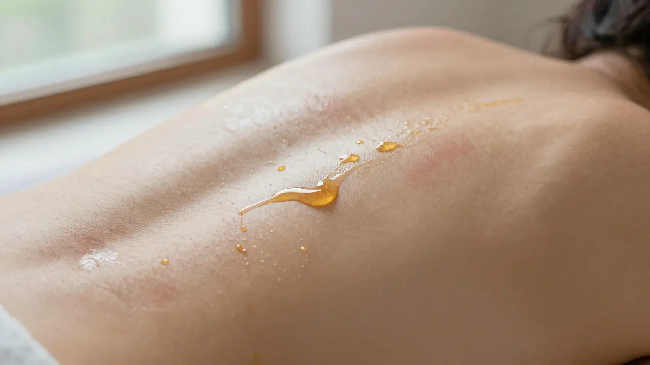 Kůže po medové masáži září jemným leskem s stopami medu na zádech.