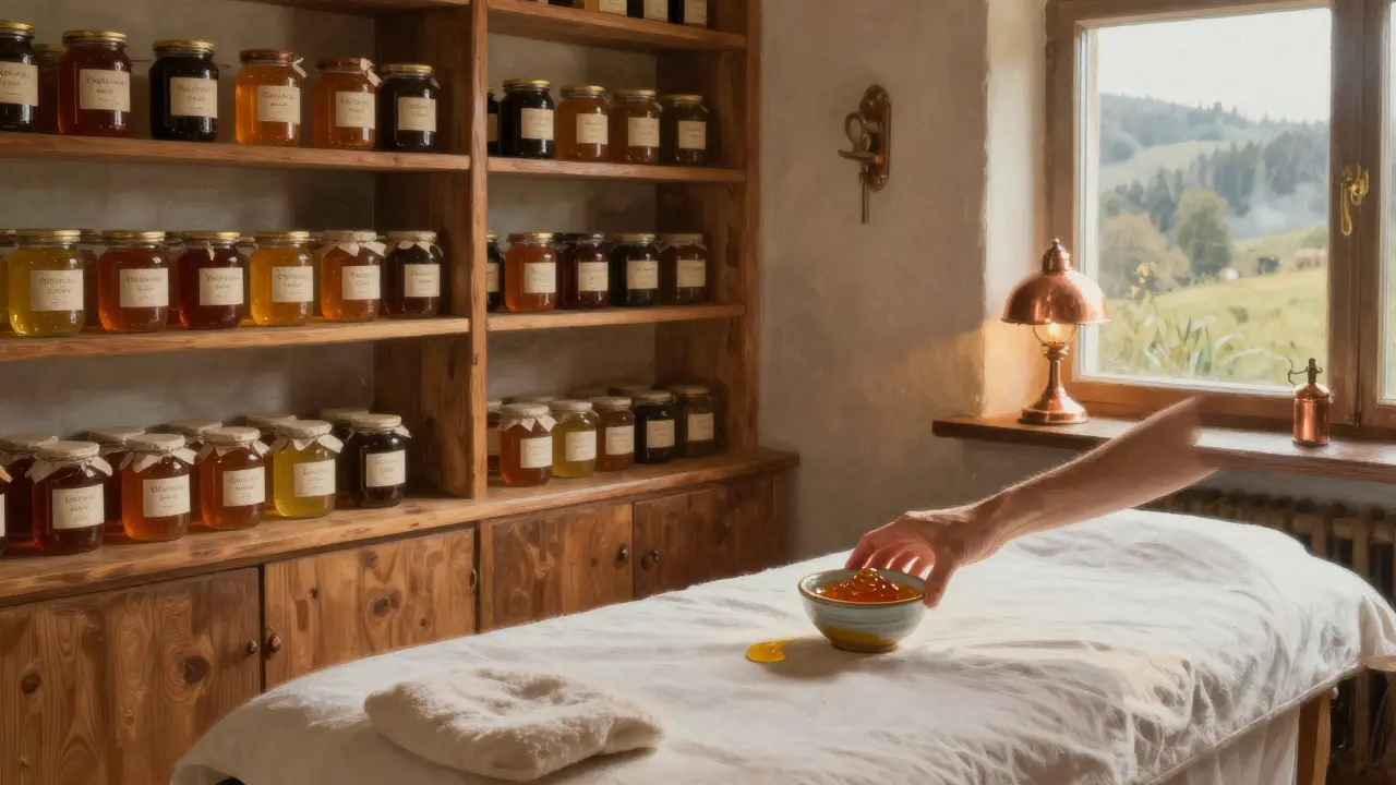 Kvalitní nezpracovaný med v skleněných nádobách na polici v českém wellness centru.