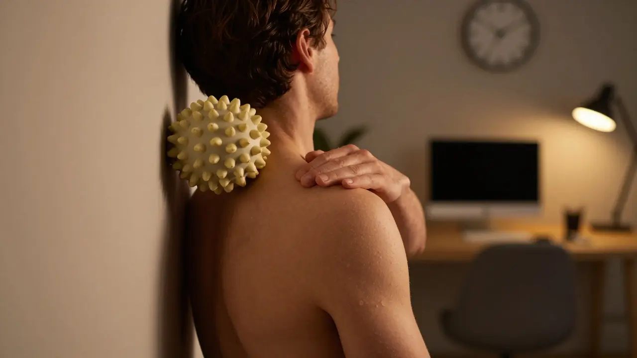 Osoba se opírá o zeď s masážním míčkem pod lopatkami ve večerním prostředí domácnosti.