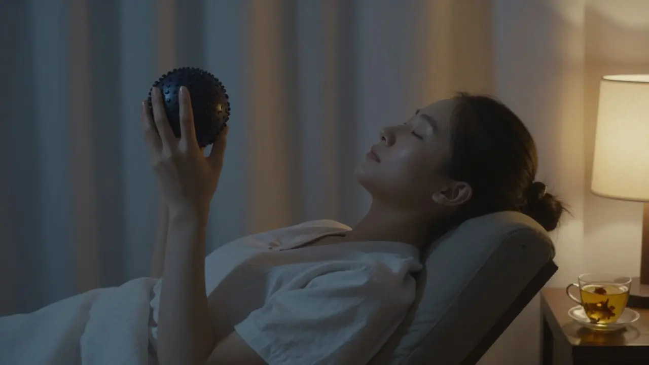 Osoba uvolňuje stres masáží rukou ve večerní klidné atmosféře.