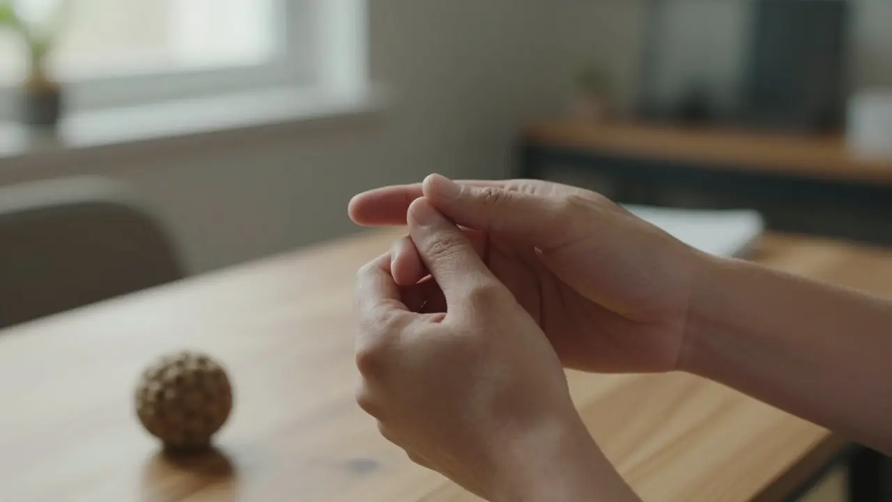 Ruce provádějí akupresuru mezi palcem a ukazovákem.