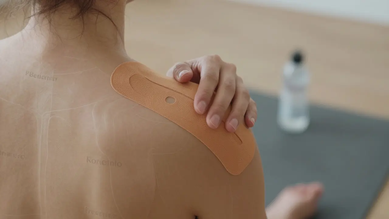 Ruka přetírá tejp na rameni, s jemným naznačením svalů pod kůží, v klidném prostředí naznačujícím zotavení.