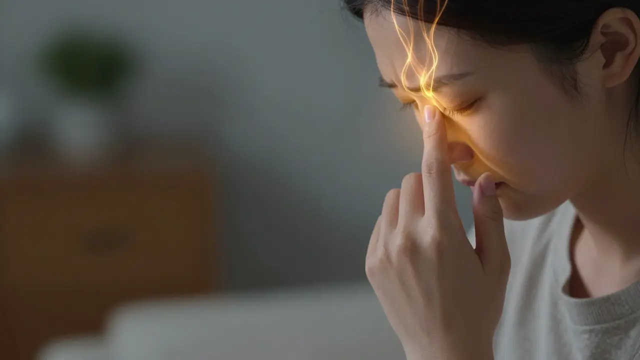 Ruka s tlakem na bod LI4 mezi palcem a ukazováčkem, s jemnými zlatými proudy energie směřujícími k hlavě.