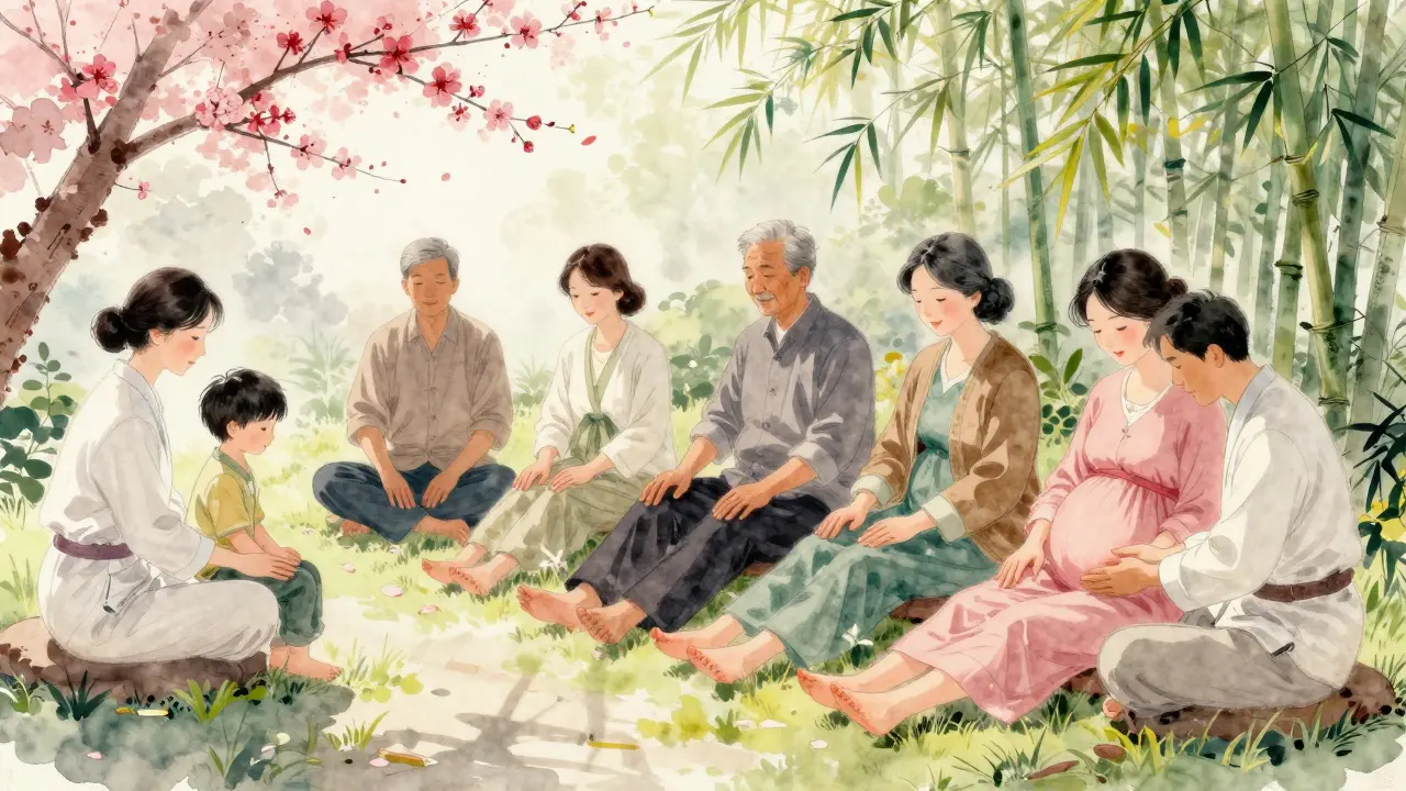 Různé věkové skupiny obdrží jemnou shiatsu masáž v klidné zahradě pod kvetoucími čerstvými větvemi.