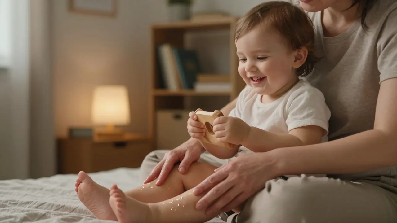 Tříleté dítě si nechává masírovat nohy na klíně rodiče, drží hračku a usmívá se.
