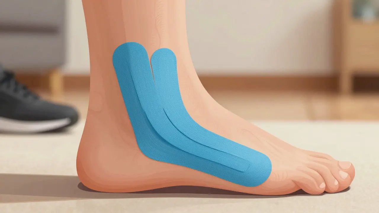 Zapuchýřený kotník s třemi tejpy ve tvaru vějíře, aplikovanými od pata směrem nahoru, naznačujícími odtok tekutin.