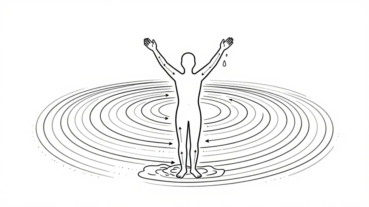 Abstraktní kresba s vlnami symbolizujícími pohyb lymfy od končetin k jádru těla.