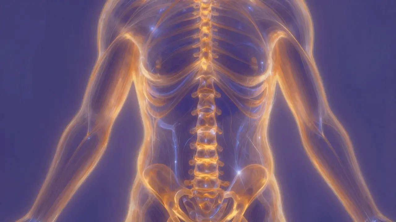 Abstraktní proud energie tekoucí tělem v jemných zlatých a modrých proudech, bez viditelných dotyků.