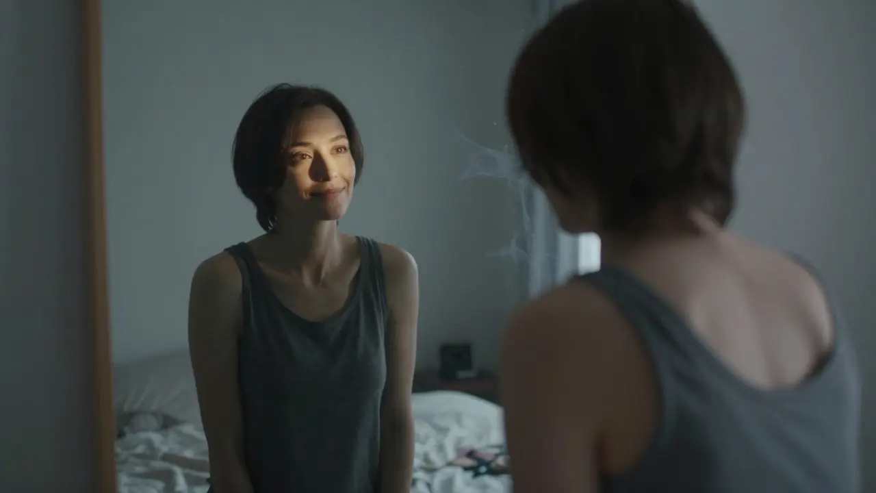 Člověk se dívá do zrcadla s klidným přijetím sebe sama, bez soudů, jen s přítomností.