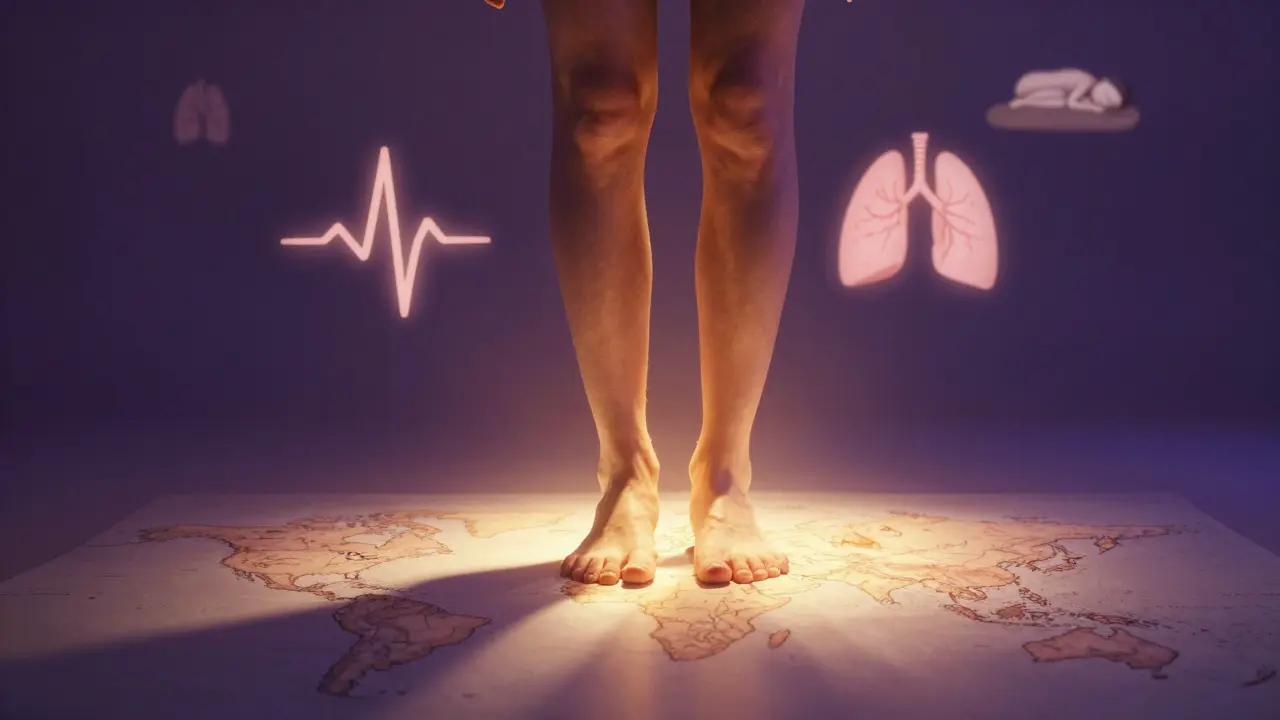 Člověk stojí na světelné mapě těla, kde se od nohou šíří teplo a uvolňuje únavu.