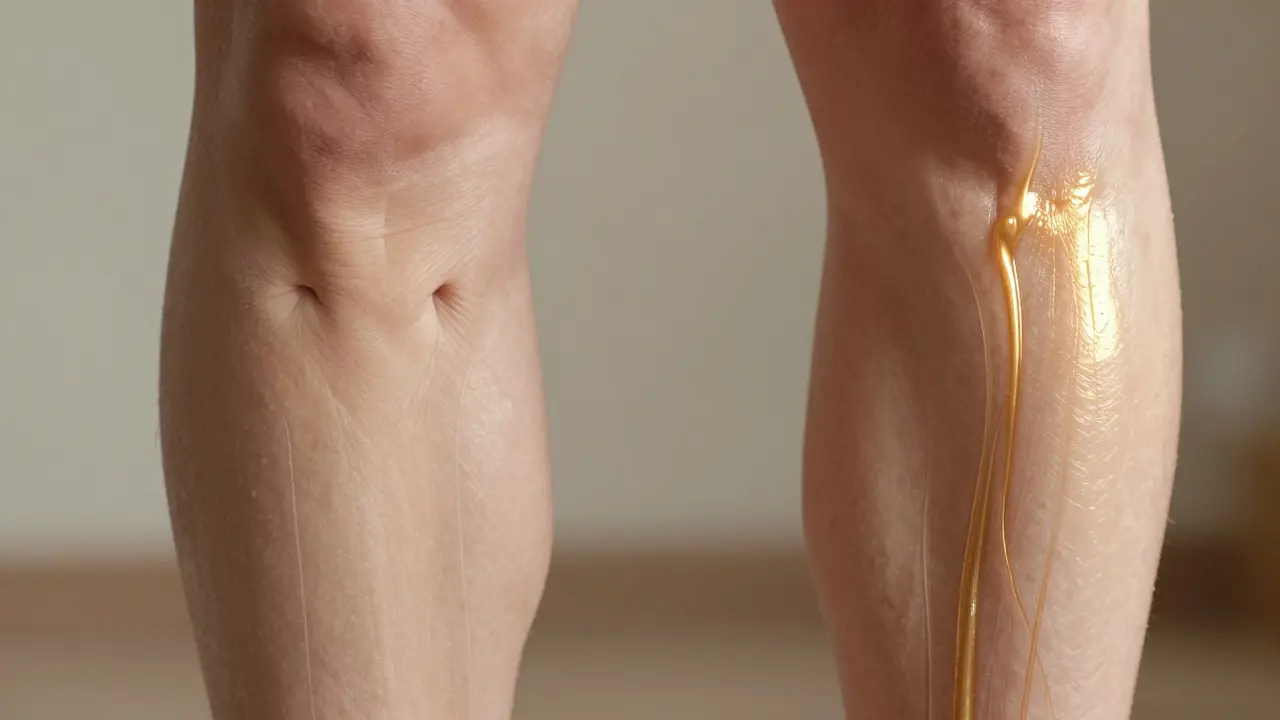 Dvě verze nohy: jedna s dírkami a napětím, druhá hladká a pohyblivá, symbolizující účinek anticitulitidní masáže.