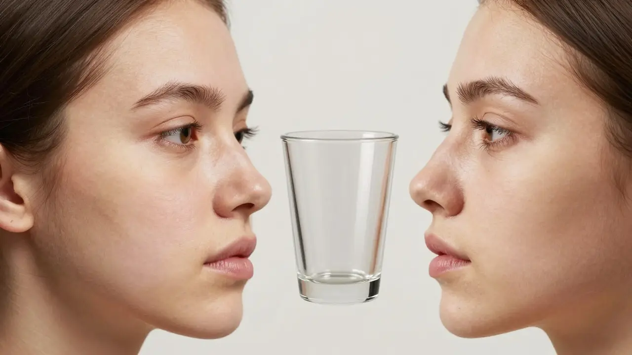 Dvě verze obličeje: jedna povadlá, druhá výraznější, mezi nimi baňka jako spojka mezi stavy.