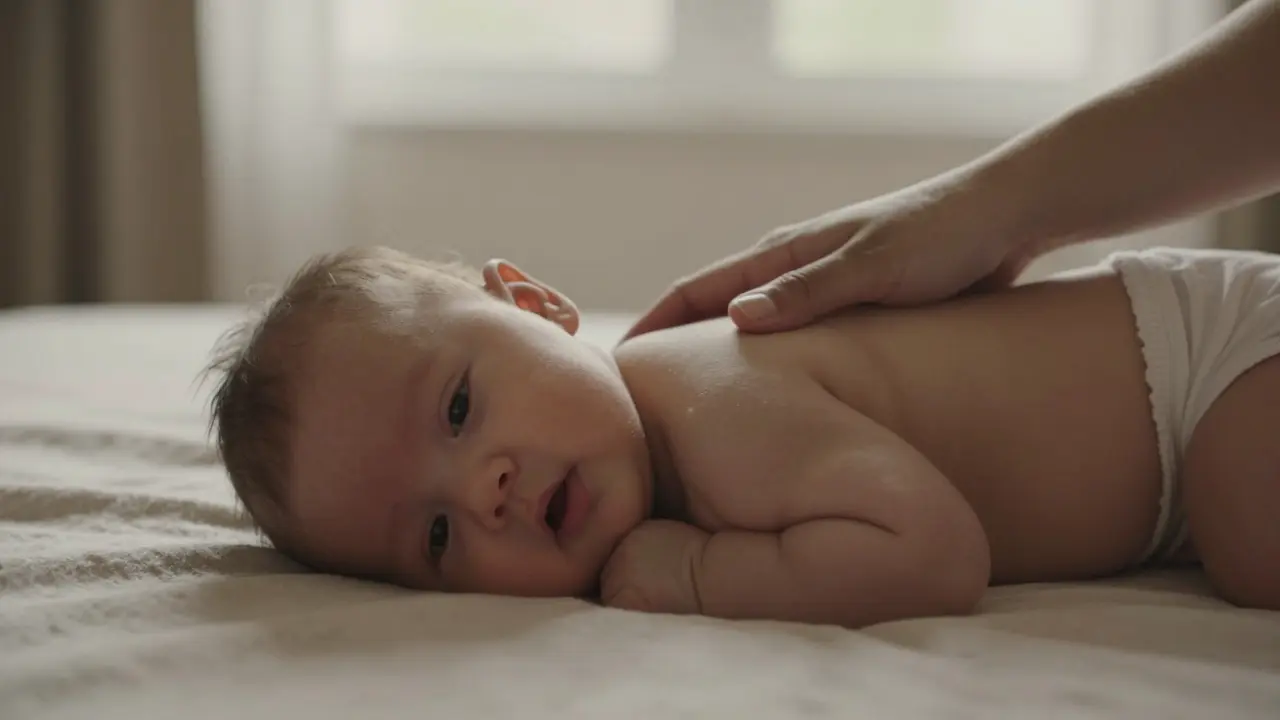 Kojenec ležící na bříšku po masáži pro úlevu od refluxu