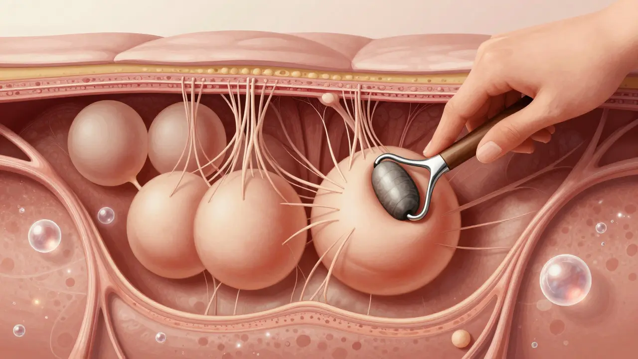 Křížový řez kůže ukazující ztuhlé vazivo tlačící na tukové buňky, zatímco ruka uvolňuje napětí.