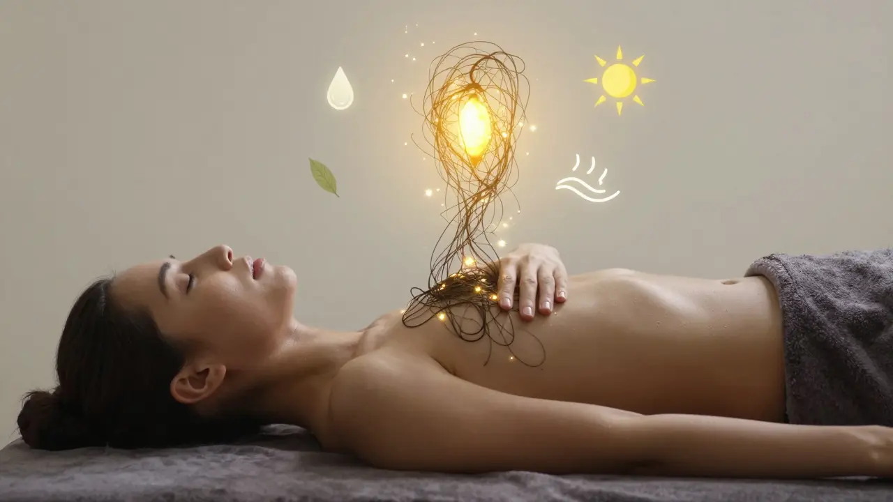 Osoba se uvolňuje z temných nití napětí, které se mění v zlaté světlo, symbolizující obnovu a klid během masáže.