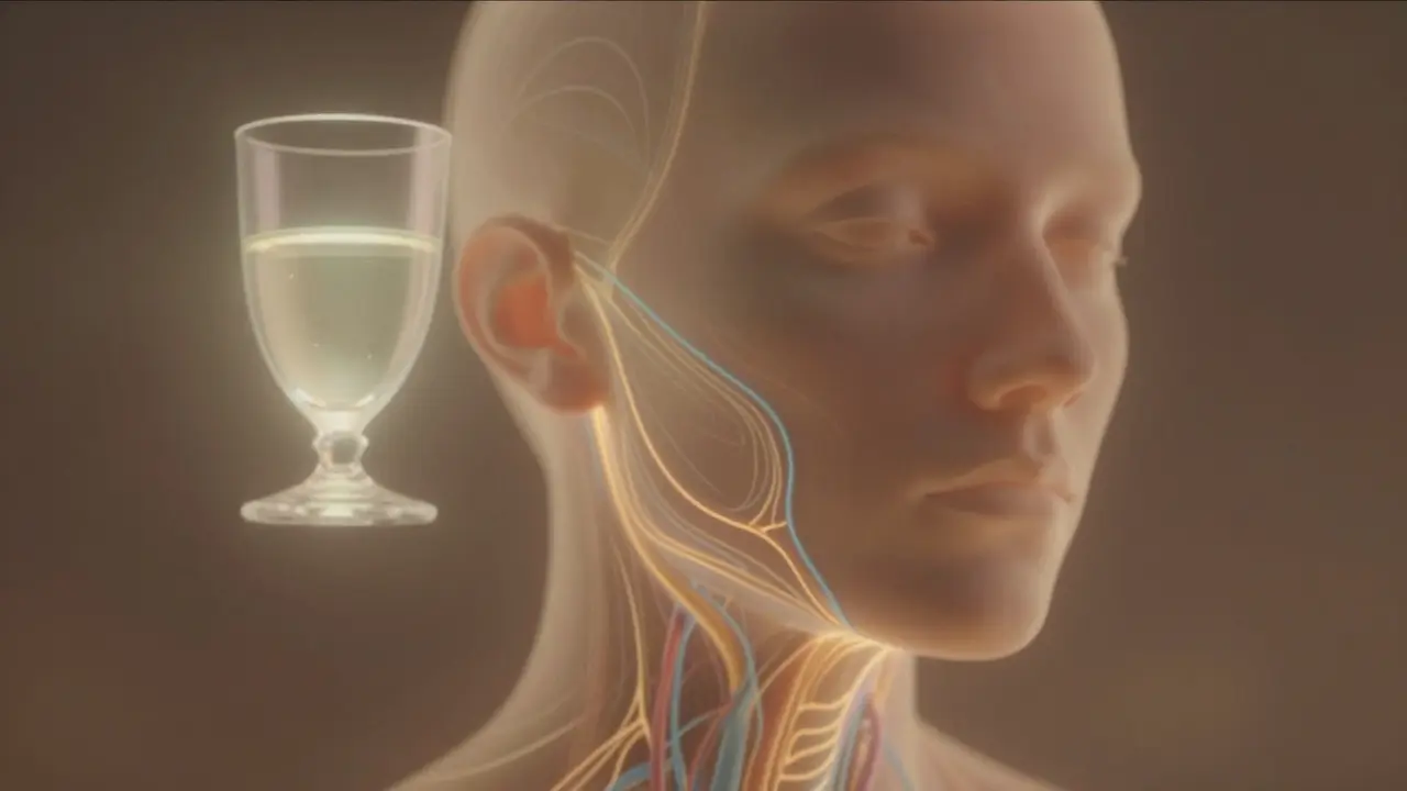 Pod kůží obličeje se vynořují světlé cesty krevní a lymfatického toku, baňka visí nad tváří jako symbol obnovy.