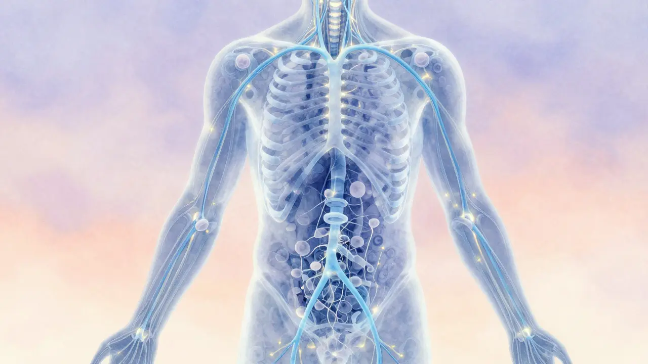 Tělo s průhlednými modrými cestami lymfy, které proudí od končetin k lymfatickým uzlím.