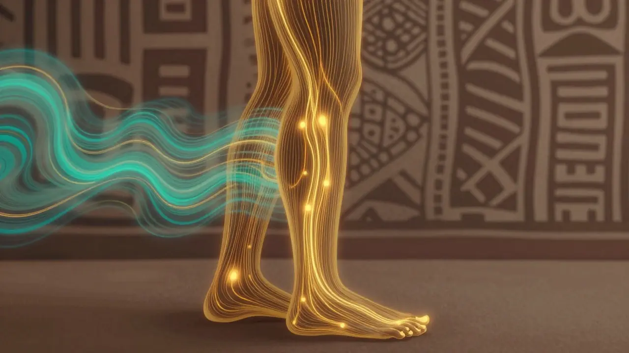 Abstraktní znázornění toku energie od nohou po hlavu v těle během masáže lomi lomi.